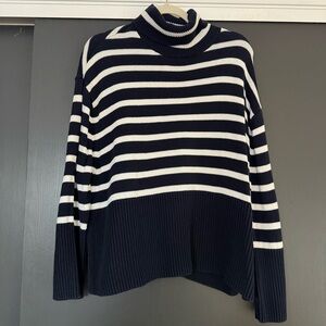 Gap Split Hem Turtleneck Sweater Navy White 100% Cotton sz M